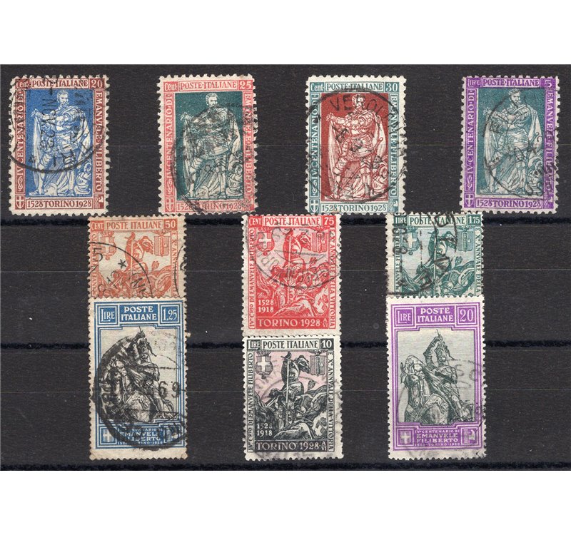 1928 - Emanuele Filiberto, serie n° 226/29 + 233/38. Cert.: IC. Cat. € 1.400 (U)