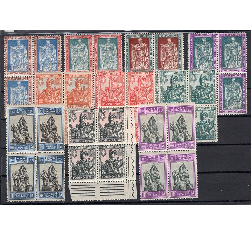 1928 - Emanuele Filiberto, serie n° 226/29 +233/38 in quartina. Cert.: Biondi. Cat. € 3.500 (**)