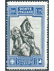 1928 - Emanuele Filiberto 1,25 £ dent. lineare 13¾, n° 235/i. Cert.: Biondi. Cat. € 2.500 (**)