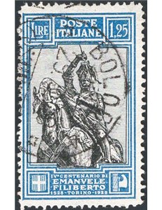 1928 - Emanuele Filiberto 1,25 £ azzurro e nero dent. lineare 13¾, n° 235/I. Cert.: IC. Cat. € 1.800 (U)