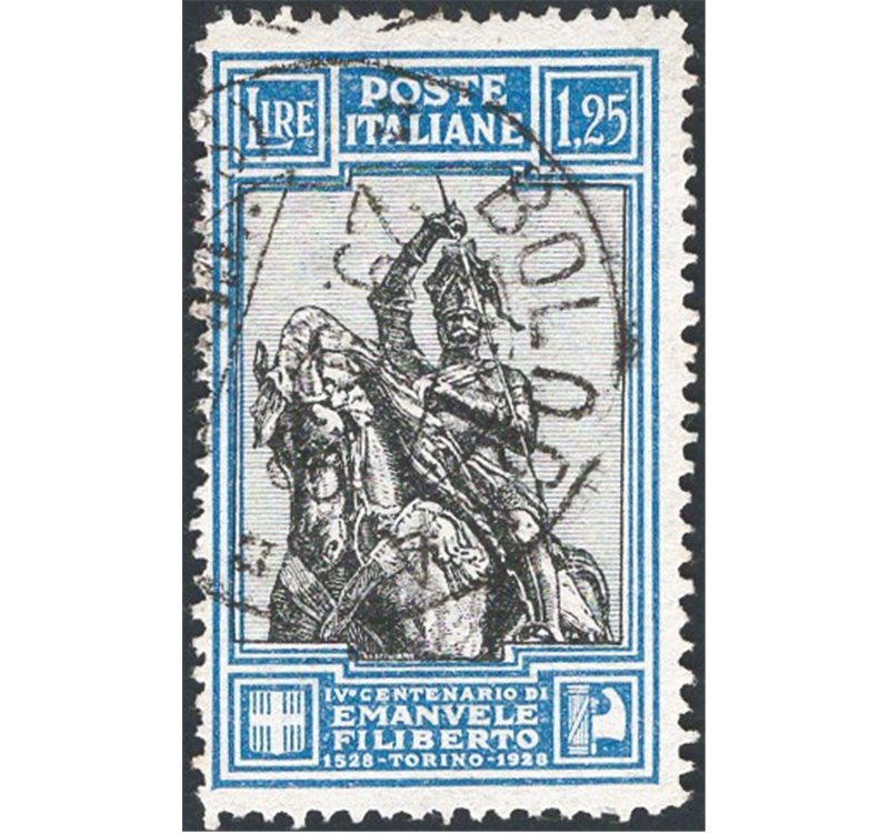 1928 - Emanuele Filiberto 1,25 £ azzurro e nero dent. lineare 13¾, n° 235/I. Cert.: IC. Cat. € 1.800 (U)