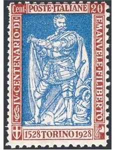 1928 - Emanuele Filiberto 20 c. bruno e oltremare dent. 13¾ a sinistra e 11 gli altri tre lati, n° 226f. Firm.: AD - ED. Cert.: 