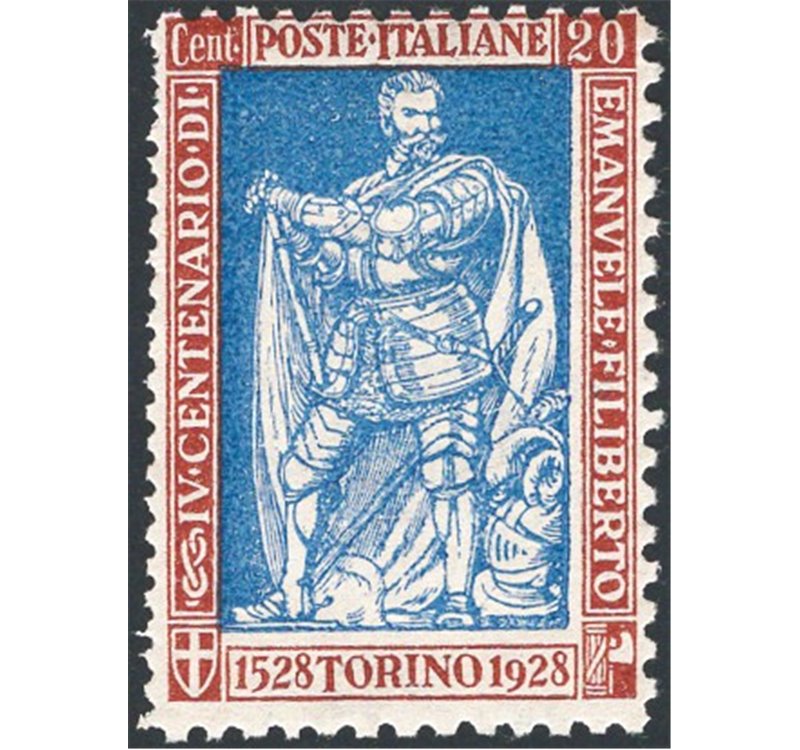 1928 - Emanuele Filiberto 20 c. bruno e oltremare dent. 13¾ a sinistra e 11 gli altri tre lati, n° 226f. Firm.: AD - ED. Cert.: 