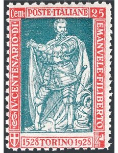1928 - Emanuele Filiberto 25 c. carminio e verde dent. 13¾ a destra e 11 gli altri tre lati, n° 227f. Firm.: Raybaudi - Chia. Ce