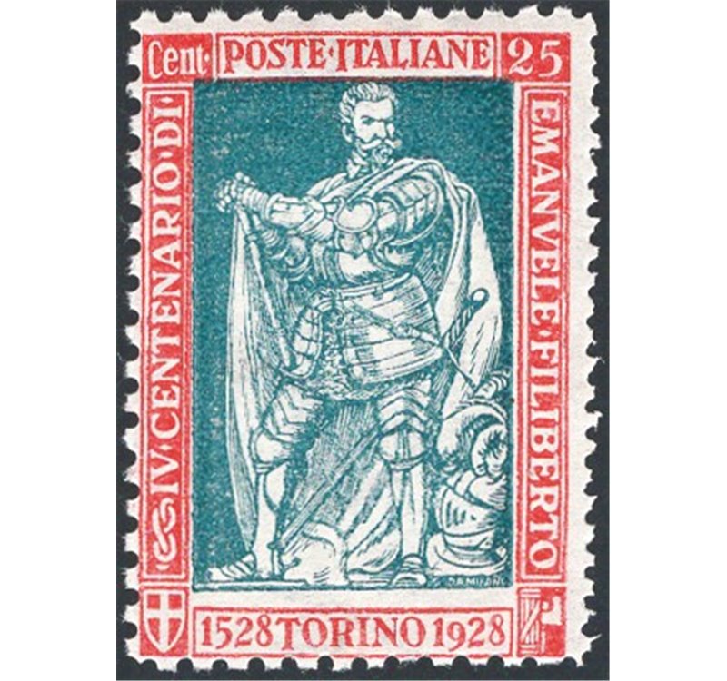 1928 - Emanuele Filiberto 25 c. carminio e verde dent. 13¾ a destra e 11 gli altri tre lati, n° 227f. Firm.: Raybaudi - Chia. Ce