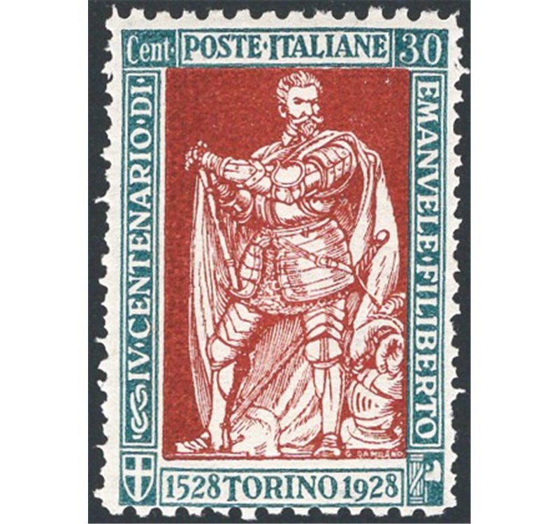 1928 - Emanuele Filiberto 30 c. verde e bruno dent. 11x13¾, n° 228b. Firm.: Raybaudi. Cert.: IC. Cat. € 1.200 (**)