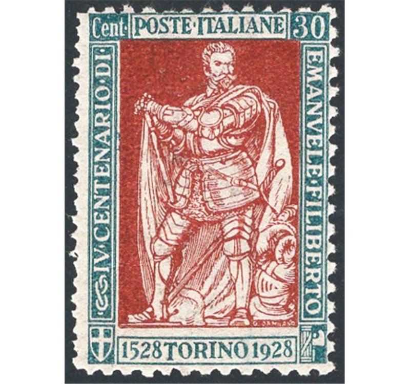 1928 - Emanuele Filiberto 30 c. verde e bruno e dent. 13¾ a sinistra e 11 gli altri tre lati, n° 226f. Firm.: Raybaudi. Cert.: I