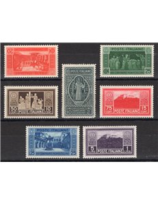 1929 - Montecassino, serie n° 262/68 con ottima centratura. Cert.: Biondi. Cat. € 300 (**)
