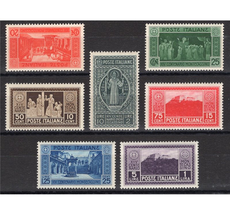 1929 - Montecassino, serie n° 262/68 con ottima centratura. Cert.: Biondi. Cat. € 300 (**)
