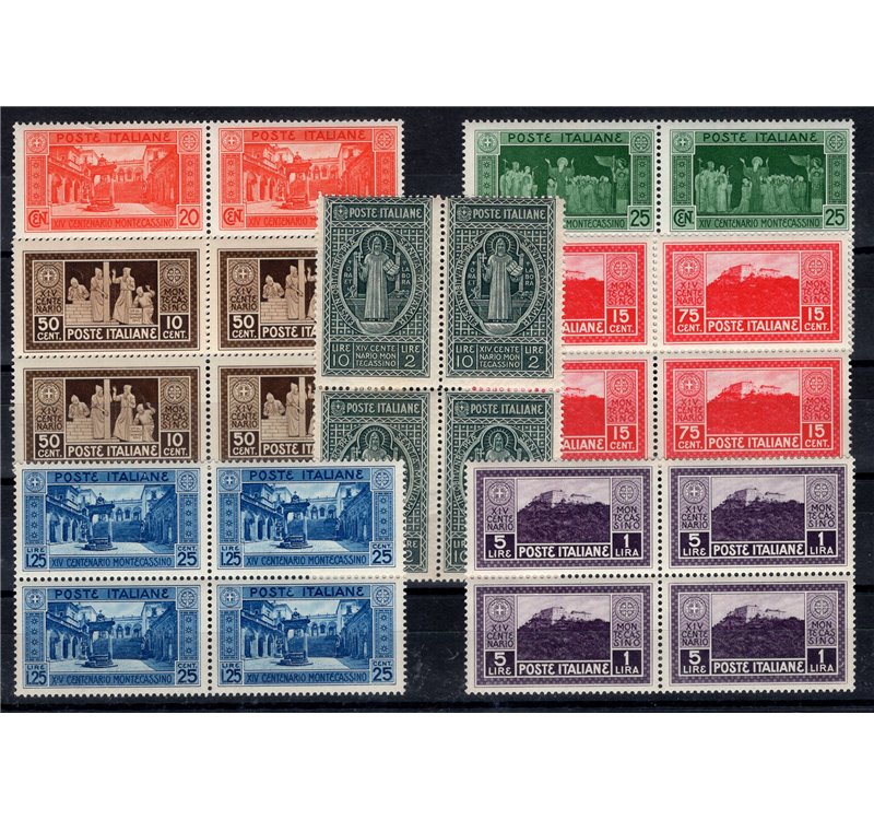 1929 - Montecassino, serie n° 263/68 in quartina. Cert.: Biondi. Cat. € 650 (**)