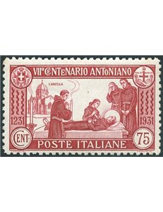 1931 - S. Antonio 75 c. dent. 12, n° 299 con ottima centratura. Cert.: Biondi. Cat. € 1.125 (**)