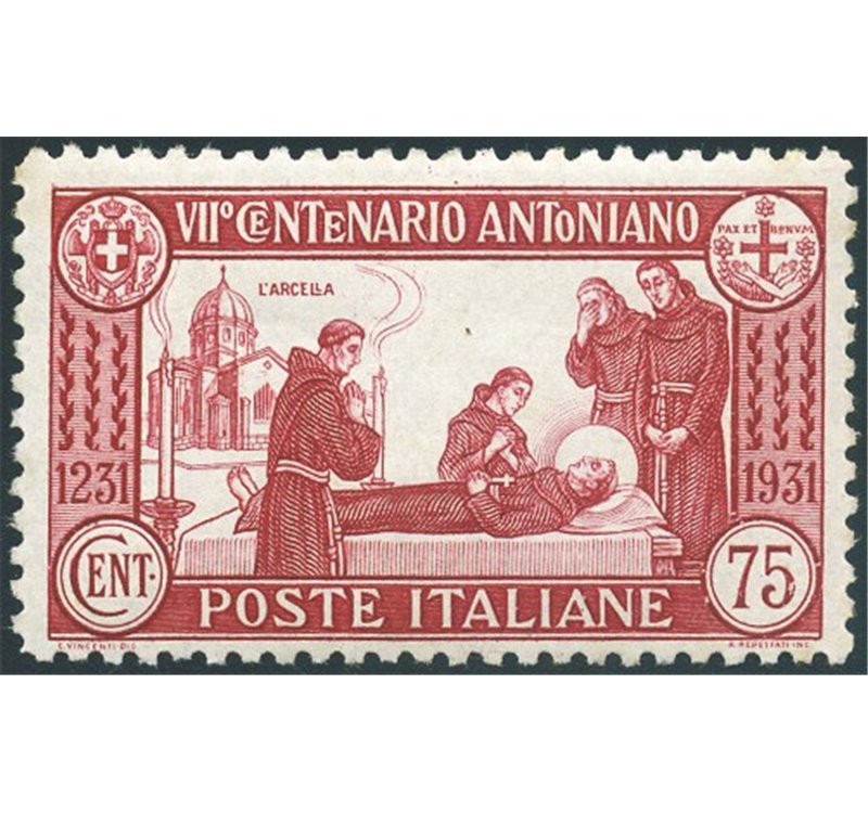 1931 - S. Antonio 75 c. dent. 12, n° 299 con ottima centratura. Cert.: Biondi. Cat. € 1.125 (**)