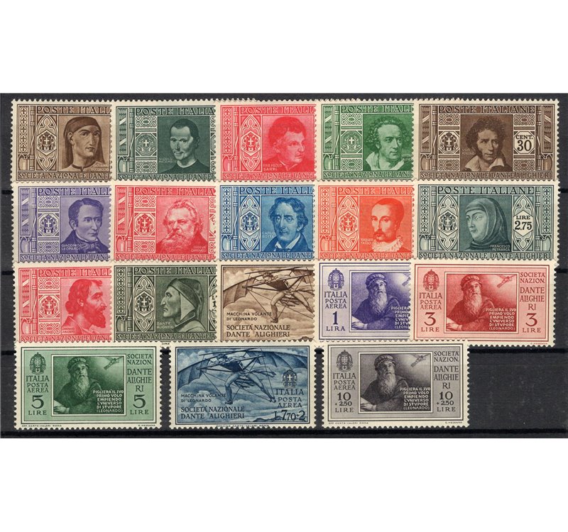 1932 - Dante, serie n° 303/14 + P.A. 26/31 con ottima centratura. Cert.: Biondi. Cat. € 1.350 (**)