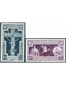 1933 - Anno Santo, serie n° 345/49 + P.A. 54/55 con ottima centratura. Cert.: Biondi. Cat. € 350 (**)