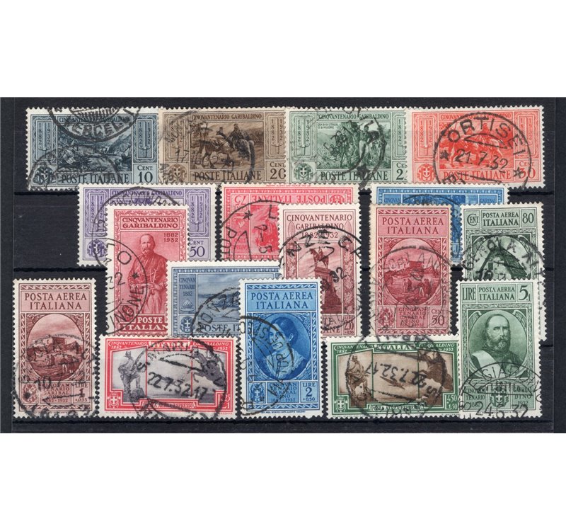 1932 - Garibaldi, serie n° 315/24 + P.A. 32/8 con annulli originali in data. Firm.: Chia - ED. Cert.: IC. Cat. € 850 (U)