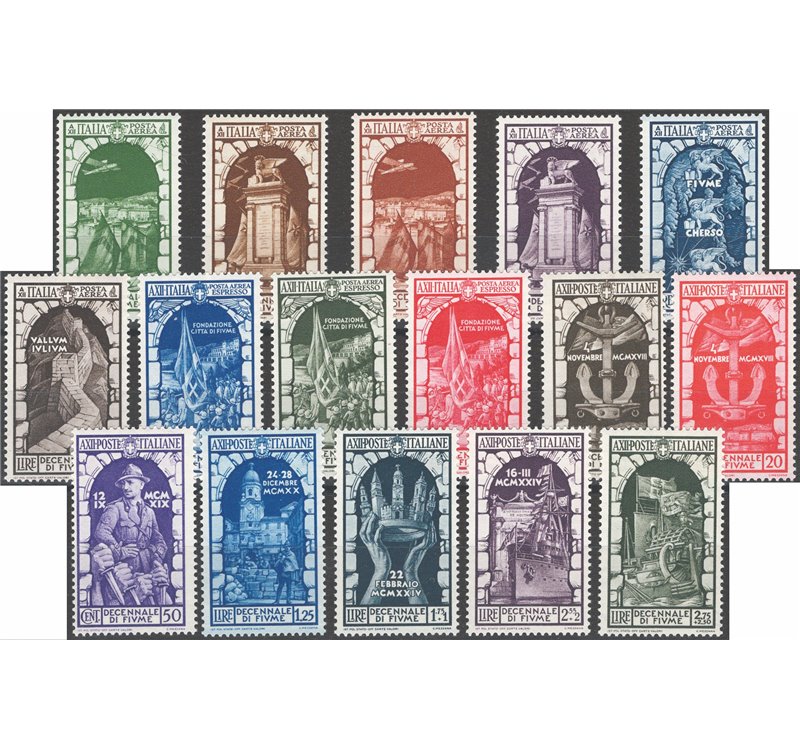 1934 - Decennale dell'Annessione di Fiume, serie n° 350/56 + P.A. 60/68. Cat. € 100 (**)