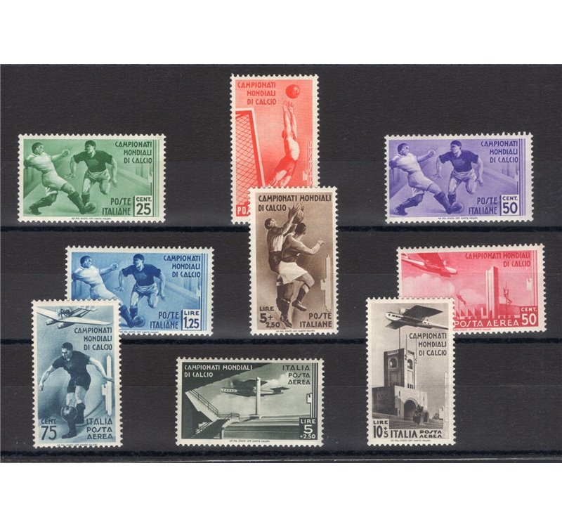 1934 - Calcio, serie n° 357/61 + P.A. 69/71. Cert.: IC. Cat. € 900 (**)