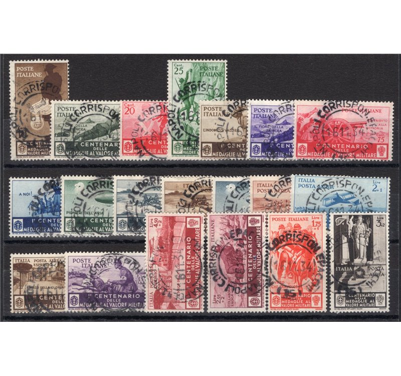 1934 - Medaglie al valore, serie n° 366/76 + P.A. 74/82. Cert.: IC. Cat. € 650 (U)