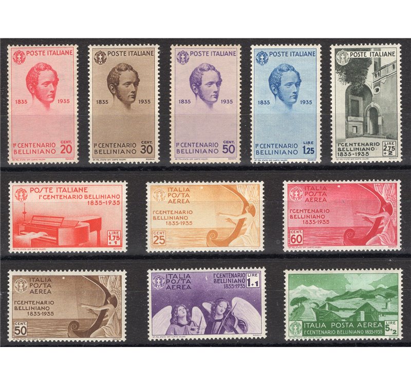 1935 - Bellini, serie n° 388/93 + P.A. 90/94 con ottima centratura. Cert.: Biondi. Cat. € 2.000 (**)