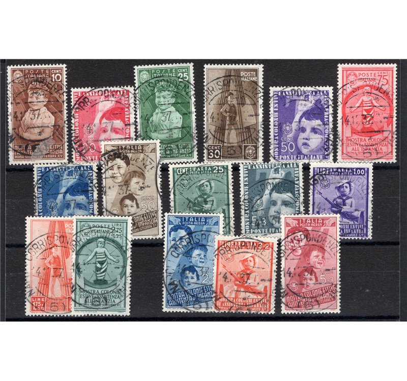 1937 - Colonie Estive, serie n° 406/15 + P.A. 100/5 con annulli originali in data. Cert.: IC. Cat. € 3.175 (U)