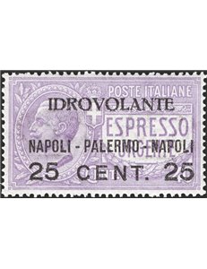 1917 - P.A. Volo Napoli - Palermo - Napoli 25 c. su 40 violetto, n° 2 con ottima centratura. Cert.: IC. Cat. € 270 (**)