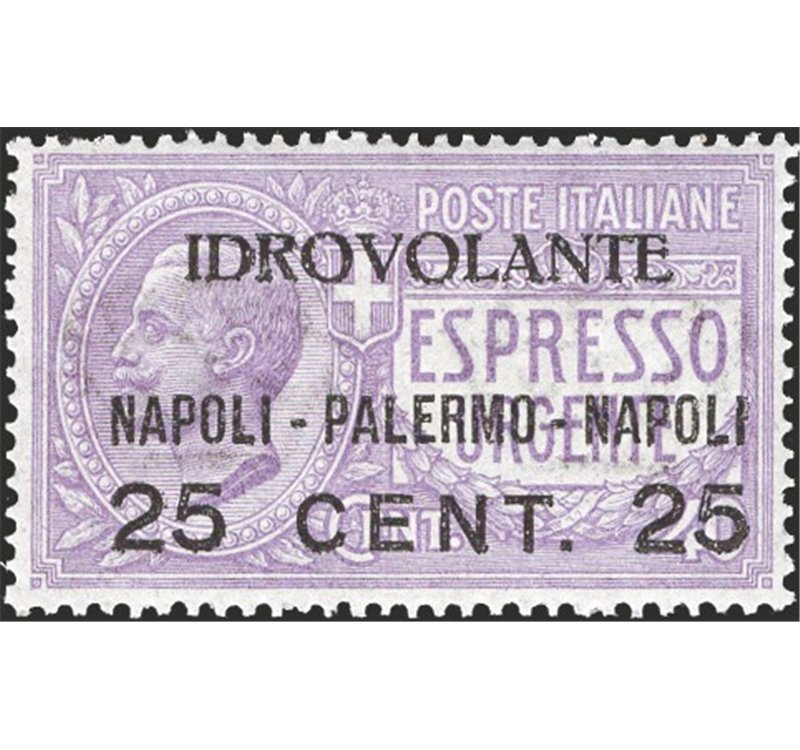 1917 - P.A. Volo Napoli - Palermo - Napoli 25 c. su 40 violetto, n° 2 con ottima centratura. Cert.: IC. Cat. € 270 (**)