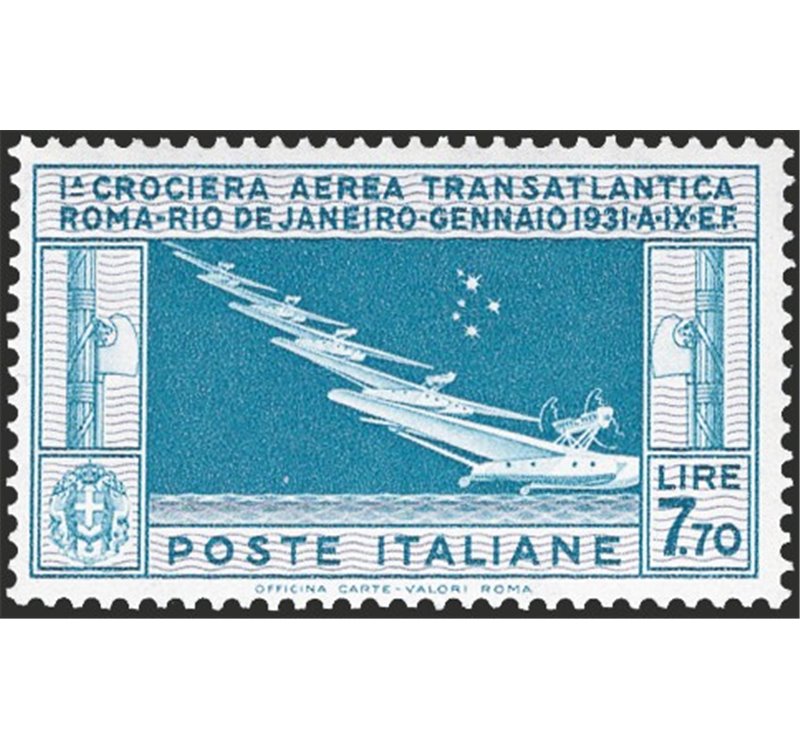 1930 - P.A. Crociera Transatlantica 7,70 £ celeste e grigio, n° 25. Cert.: Cilio. Cat. € 1.300 (**)