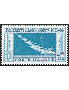 1930 - P.A. Crociera Transatlantica 7,70 £ celeste e grigio, n° 25 con ottima centratura. Cert.: IC. Cat. € 1.625 (**)