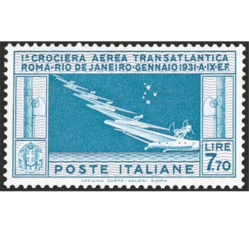 1930 - P.A. Crociera Transatlantica 7,70 £ celeste e grigio, n° 25 con ottima centratura. Cert.: IC. Cat. € 1.625 (**)