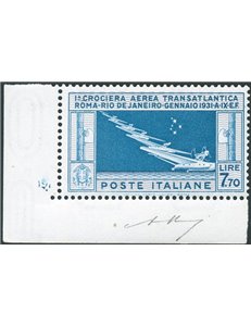 1930 - P.A. Crociera Transatlantica 7,70 £ celeste e grigio, bellissimo esemplare angolo di foglio con num. di tavola "191", n° 