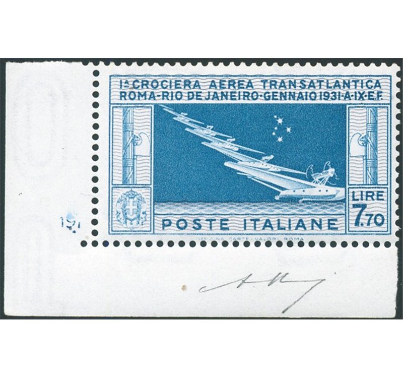 1930 - P.A. Crociera Transatlantica 7,70 £ celeste e grigio, bellissimo esemplare angolo di foglio con num. di tavola "191", n° 