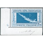 1930 - P.A. Crociera Transatlantica 7,70 £ celeste e grigio, bellissimo esemplare angolo di foglio con num. di tavola "191", n° 
