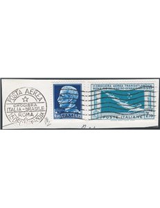 1930 - P.A. Crociera Transatlantica 7,70 £ celeste e grigio + Imperiale 1,25 £ su frammento con annulli completi, n° 25. Cert.: 