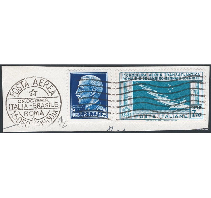 1930 - P.A. Crociera Transatlantica 7,70 £ celeste e grigio + Imperiale 1,25 £ su frammento con annulli completi, n° 25. Cert.: 