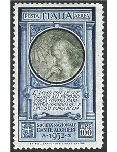 1932 - P.A. Dante 100 £ azzurro e oliva su carta sottile, n° 41A. Cat. € 800 (**)