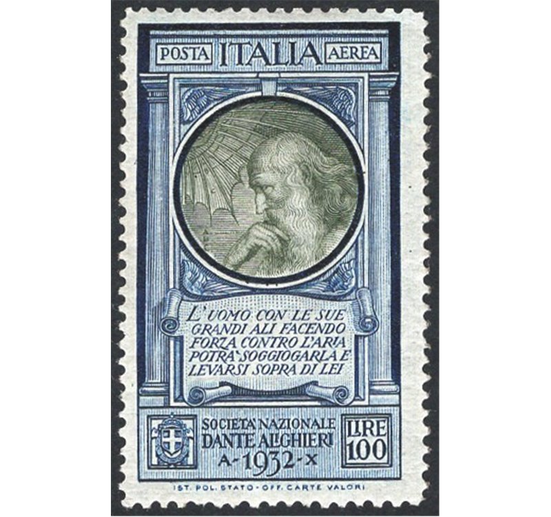 1932 - P.A. Dante 100 £ azzurro e oliva su carta sottile, n° 41A. Cat. € 800 (**)