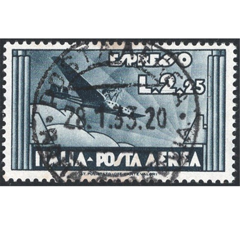 1/6/1933 - P.A. espresso aereo 2,25 £ ardesia, n° 44. Firm.: Chia. Cert.: IC. Cat. € 325 (U)
