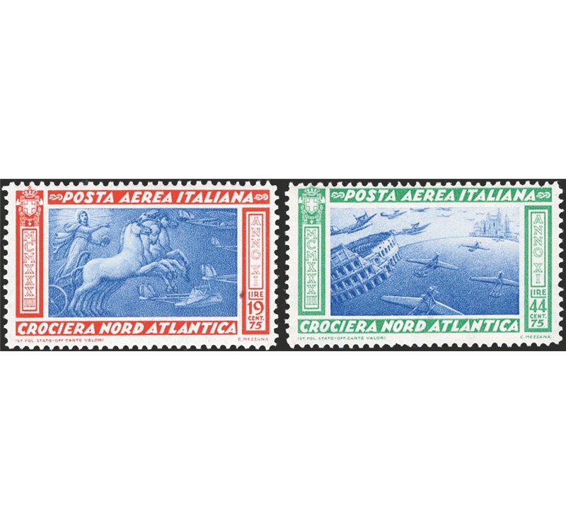1933 - P.A. Crociera Balbo le pale di destra dei due trittici con i valori postali della soprattassa aerea per l'Europa e l'Amer