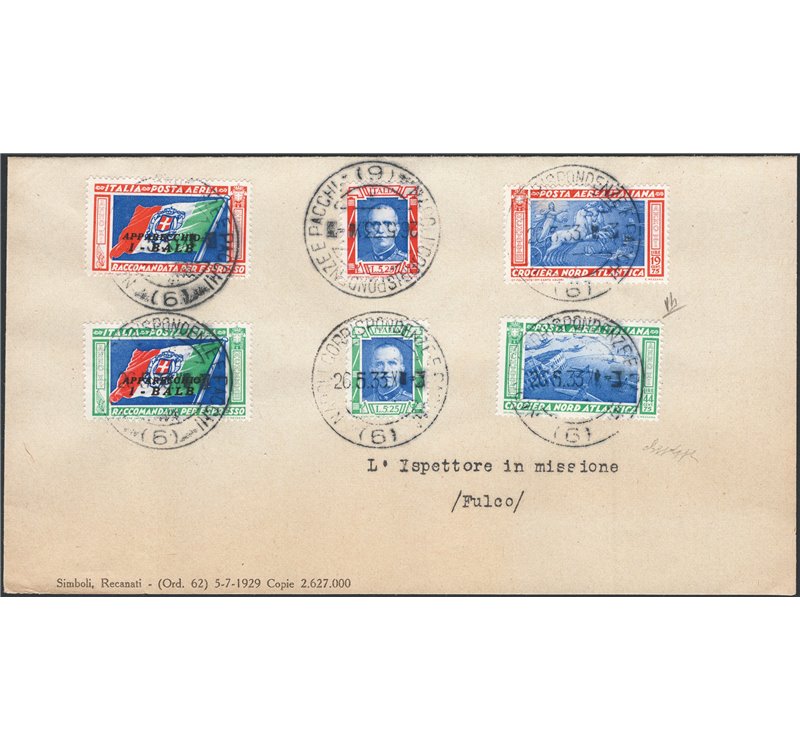 1933 - P.A. Crociera Nord Atlantica Balbo, la serie (trittici staccati) “Balb” su ampio frammento delle Poste annullata il 6° gi