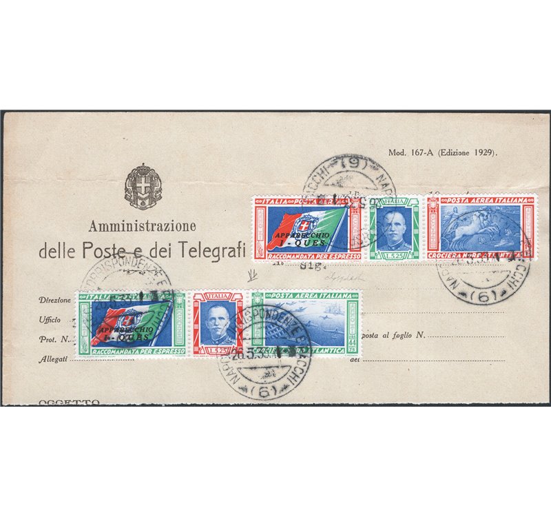 1933 - P.A. Crociera Nord Atlantica Balbo, la serie dei trittici “Ques” su ampio frammento delle Poste annullata a Napoli il 6° 