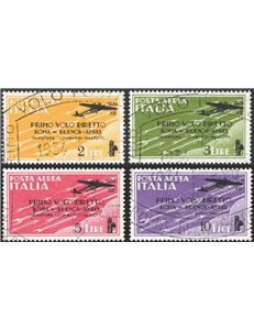 1934 - P.A. Volo Roma - Buenos Aires, serie n° 56/59 con annulli speciali del volo. Cert.: IC. Cat. € 1.250 (U)