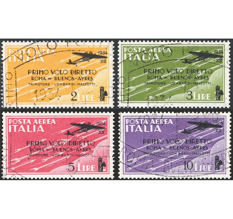 1934 - P.A. Volo Roma - Buenos Aires, serie n° 56/59 con annulli speciali del volo. Cert.: IC. Cat. € 1.250 (U)