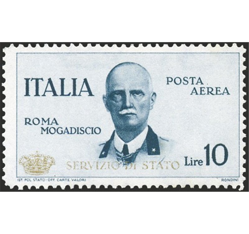 1934 - Servizio Aereo Volo Roma - Mogadiscio 10 £ ardesia con soprast. in oro "Servizio di Stato" e coroncina, n° 2. Cert.: IC. 