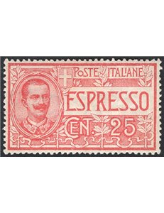 1903 - Espressi Vittorio Emanuele 25 c. rosso, n° 1 con ottima centratura. Cert.: IC. Cat. € 675 (**)