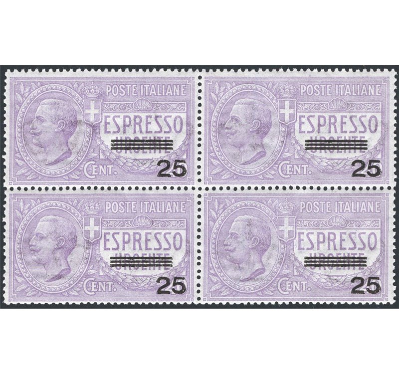 1903 - Espressi Vittorio Emanuele 25 c. su 40 violetto, n° 3 in quartina. Cert.: IC. Cat. € 875 (**)