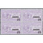 1903 - Espressi Vittorio Emanuele 25 c. su 40 violetto, n° 3 in quartina. Cert.: IC. Cat. € 875 (**)
