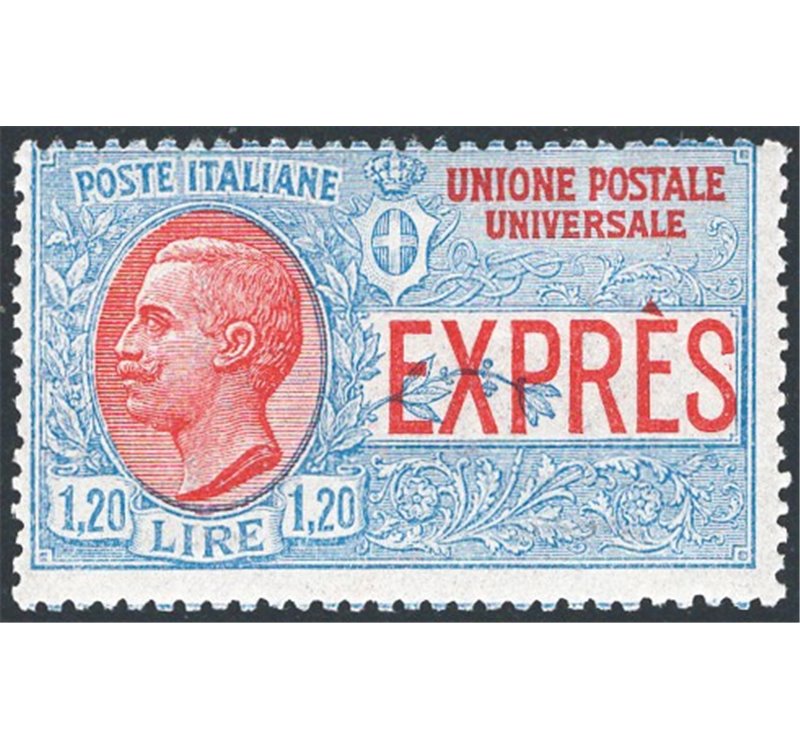 1923 - Espressi Vittorio Emanuele 1,20 £ azzurro e rosso, n° 8 non emesso. Cert.: IC. Cat. € 800 (**)