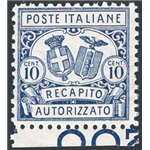 1928 - Recapito autorizzato 10 c. azzurro dent. 11, n° 1 con ottima centratura. Cert.: IC. Cat. € 500 (**)