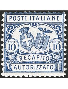 1928 - Recapito autorizzato 10 c. azzurro dent. 11, n° 1. Cat. € 200 (**)