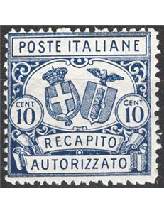 1928 - Recapito autorizzato 10 c. azzurro dent. 14, n° 2. Cat. € 50 (**)